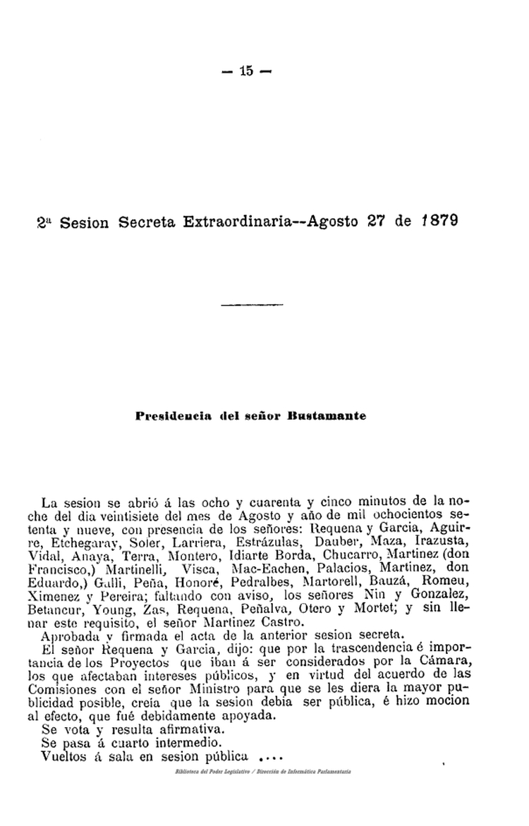 DIARIO DE SESIONES DE LA CAMARA DE REPRESENTANTES del 27/08/1879